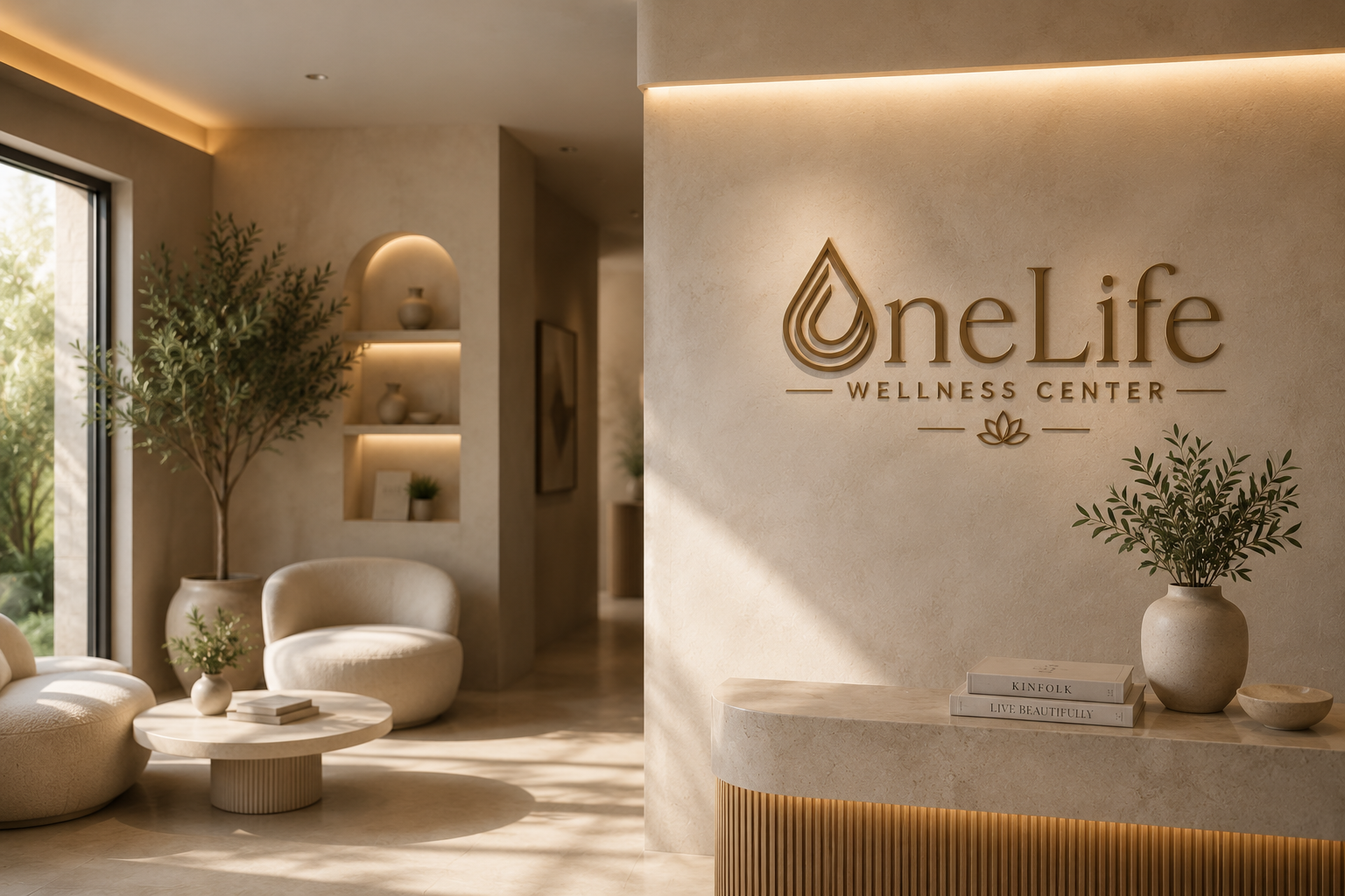 Warm OneLife Wellness Center reception interior